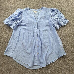 Nanette Lepore Women’s L Blue Eyelet Puff Sleeve Button Front Blouse Boho Chic